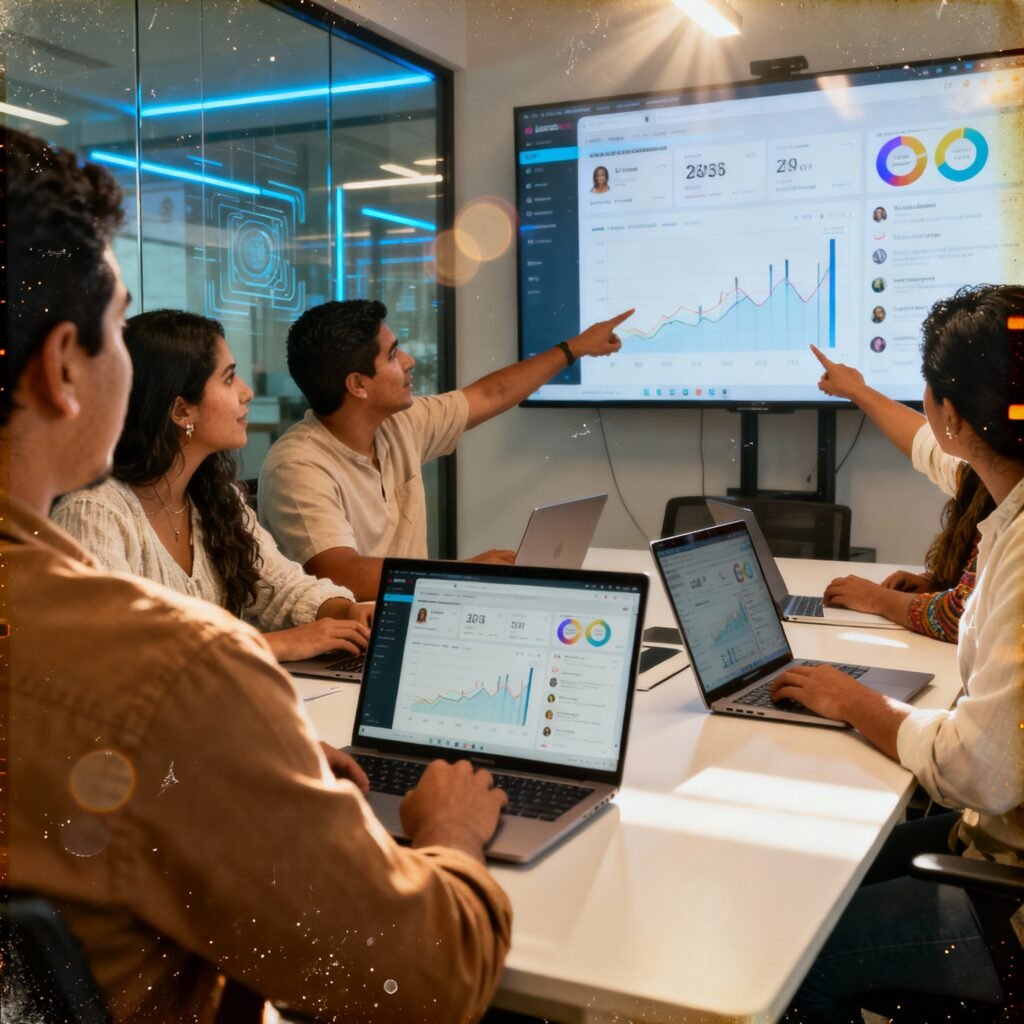 Equipo analizando resultados de campañas digitales en pantalla
