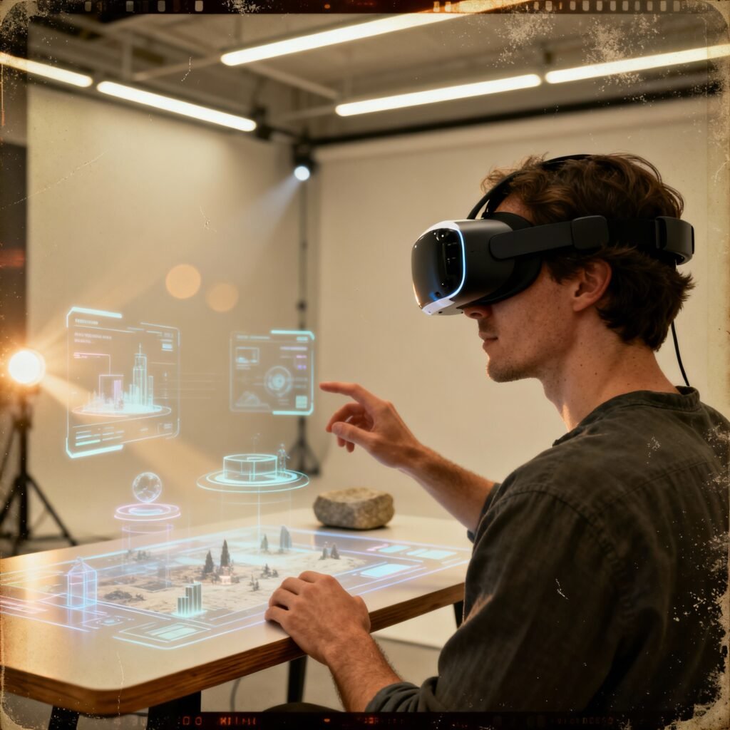 Usuario con visor de realidad virtual probando una experiencia transmedia
